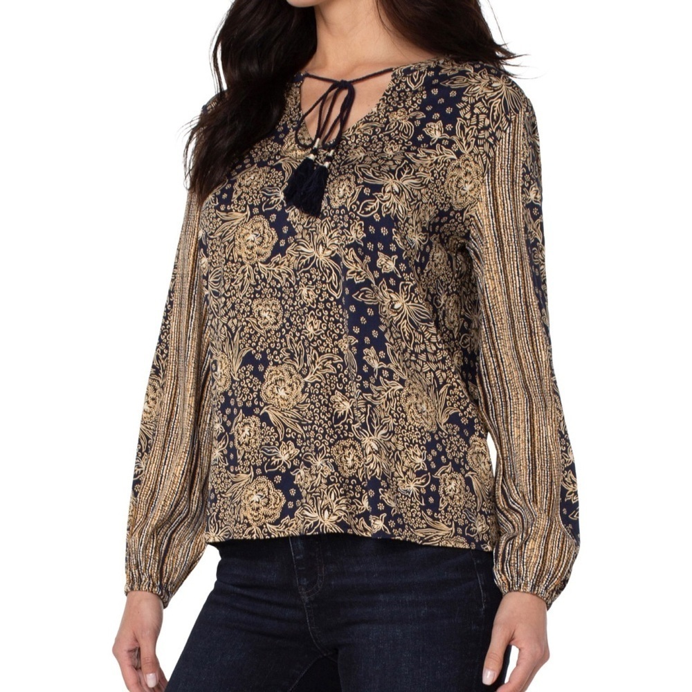 Liverpool Navy Floral Print Tie Neck Long Sleeve Blouse Size Small New
